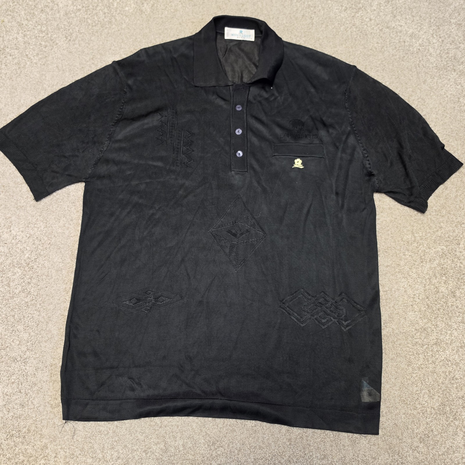 Montagut Paris Polo Shirt Sz 7 Navy Black Short Sleeve Tennis Player Front Pock