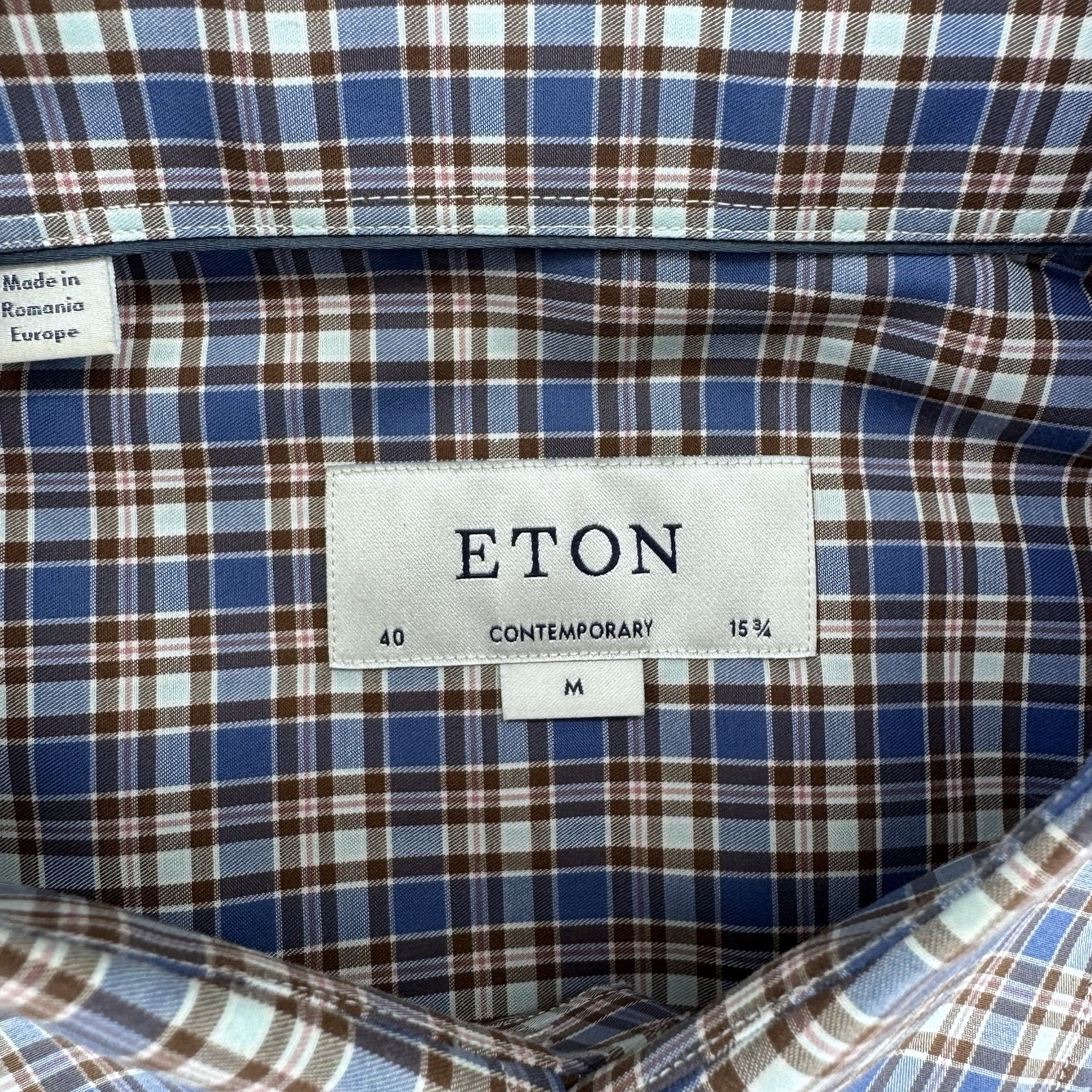 Eton Contemporary Button Up Shirt Size Medium 40 15.75 Blue Brown Plaid