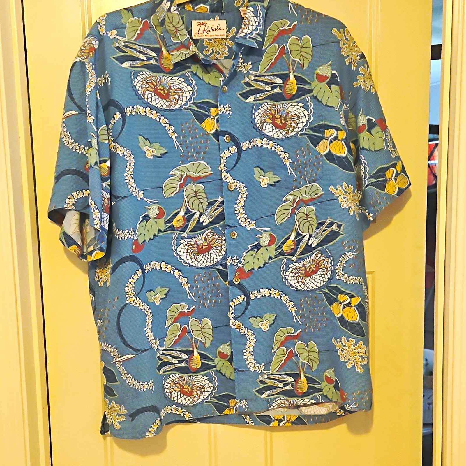 Kahala 2XL Rayon Blend Short Sleeve Button-Up Shirt Blue Floral Hawaiian Pockets