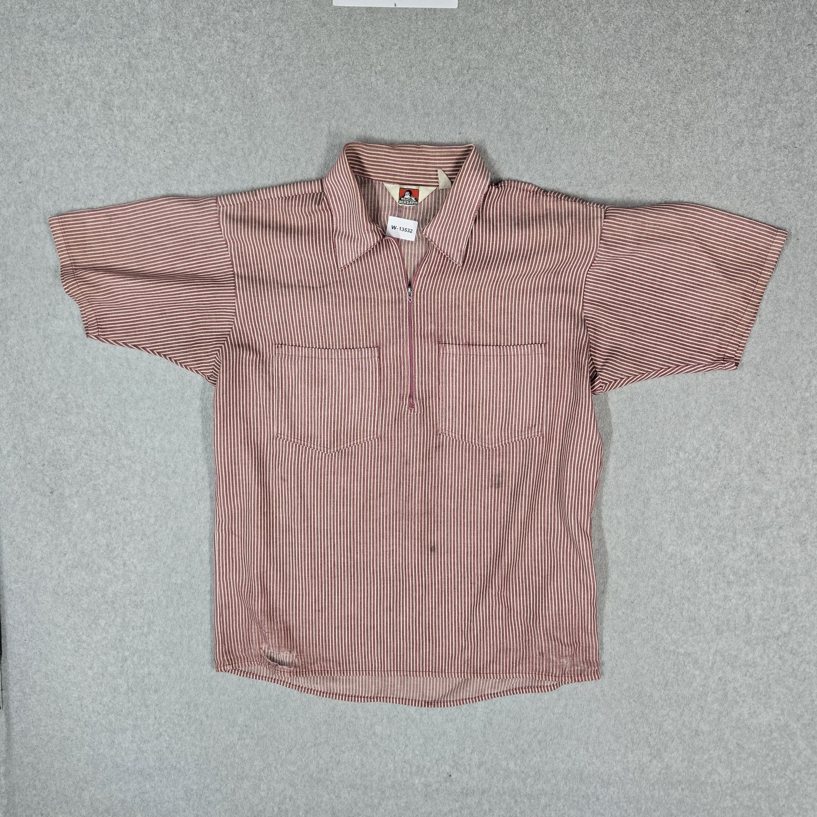 VINTAGE Ben Davis Men Shirt M Red Striped Button Zipper Logo Short Sleeve READ