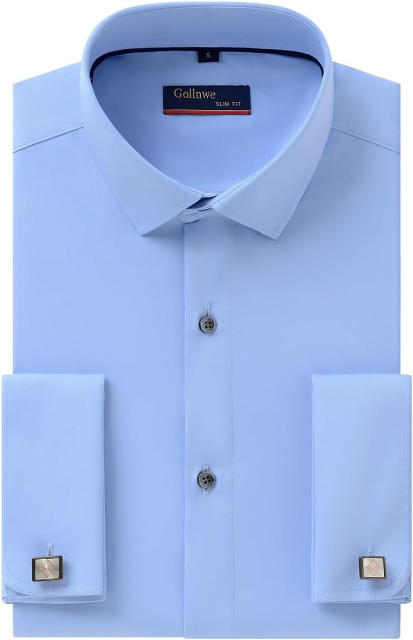 French Cuff Shirt Men Slim Fit Stretch Spread Collar Metal Cufflink Shirt