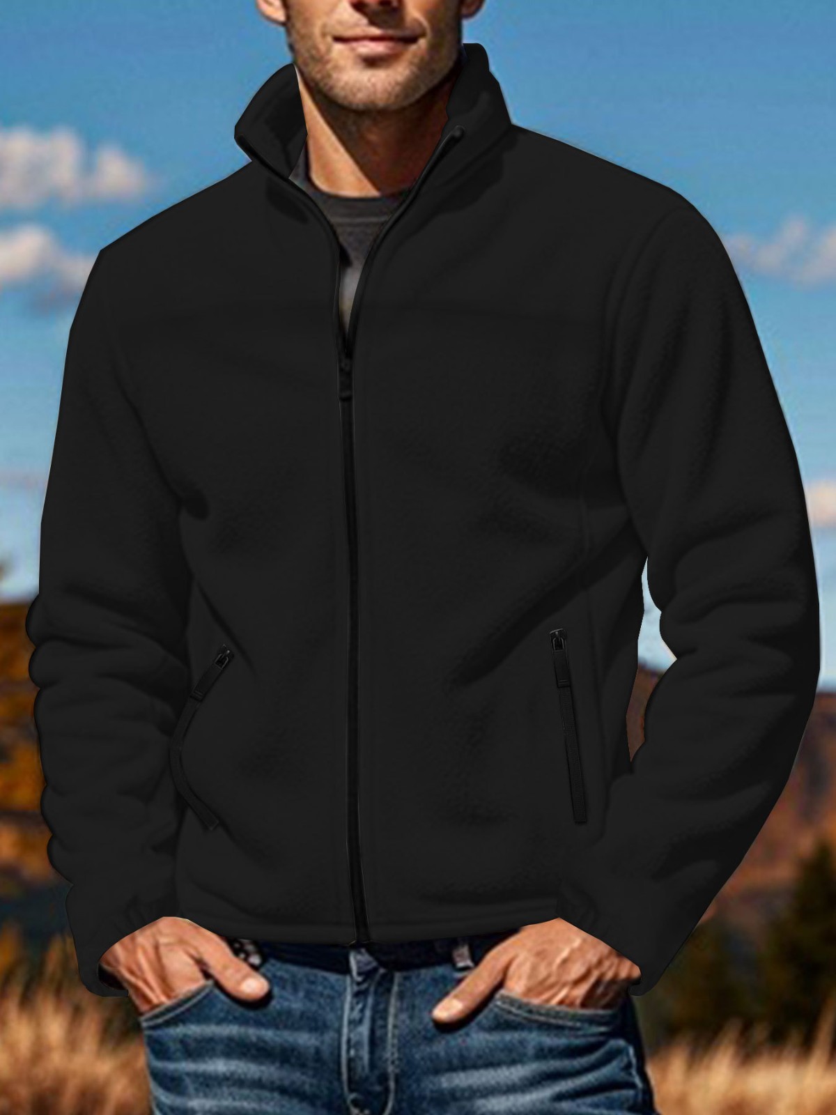 Men’s new fleece fleece outdoor zipper stand up collar jacket top