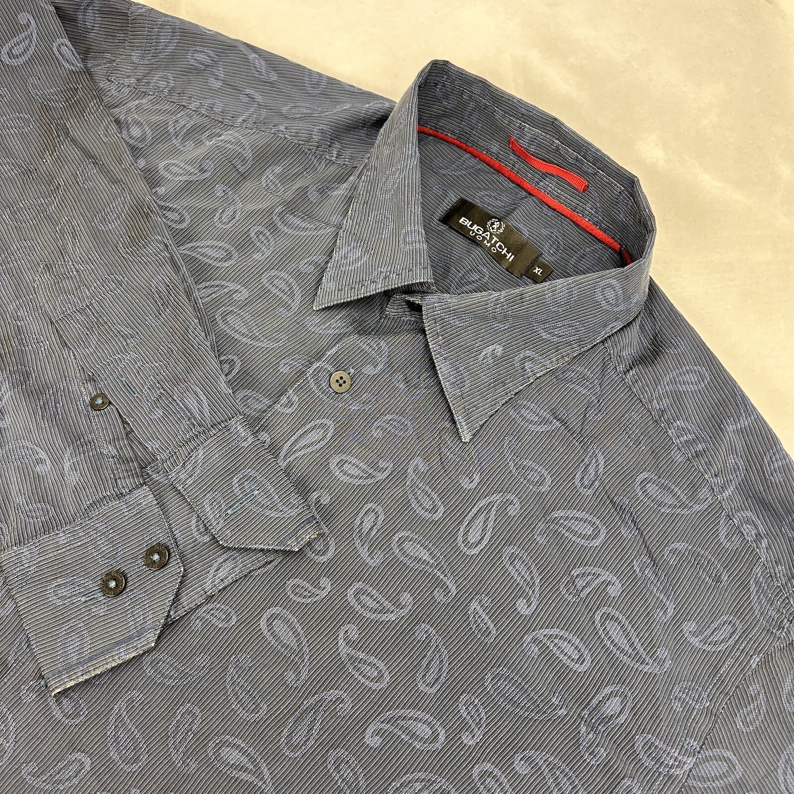 Bugatchi Men’s Navy Black Paisley Acetate Cotton Blend Long Sleeve Shirt XL