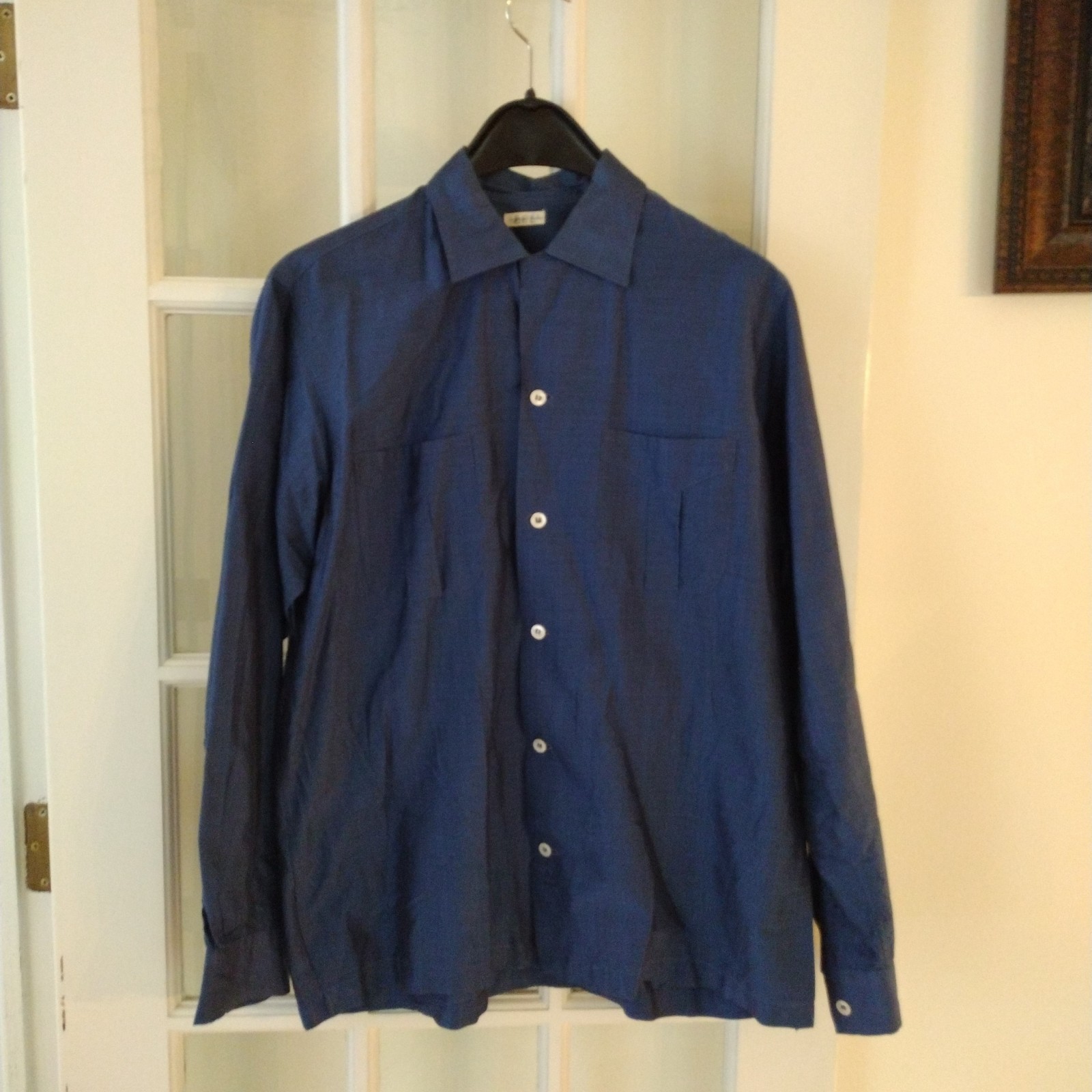 Knit-Away Vintage 70’s Mens M Cotton Camp Shirt Blue Imported Fabric Buttons