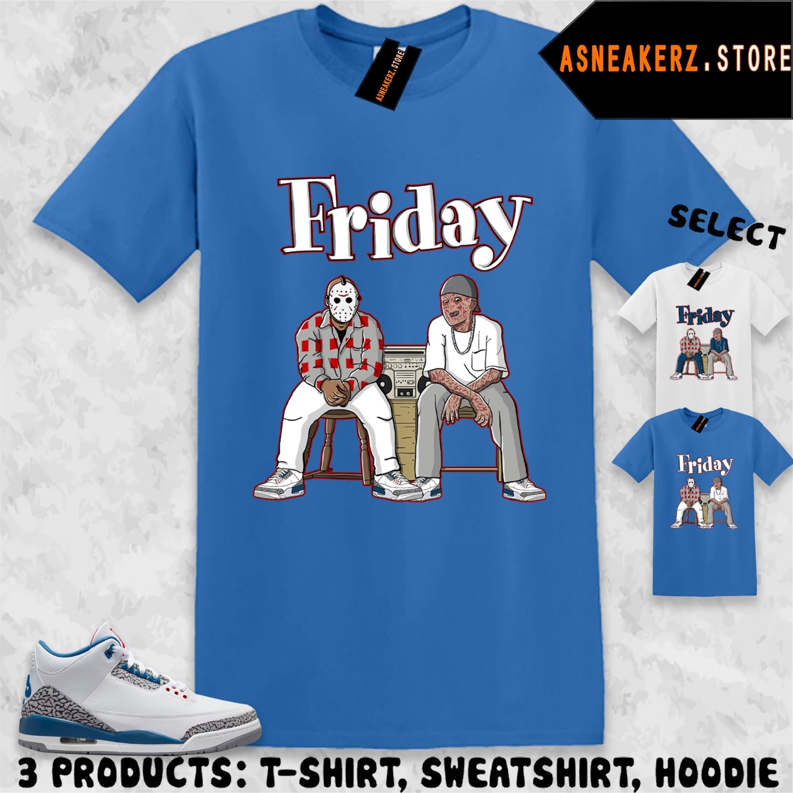 Tee Shirt Matching AJ 3 True Blue To Match Sneaker Freddy Jason Friday T-Shirt