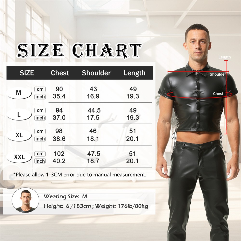 Mens PU Leather Side Lace-up Shirts Vest Turn-down Collar Dance Club Crop Tops