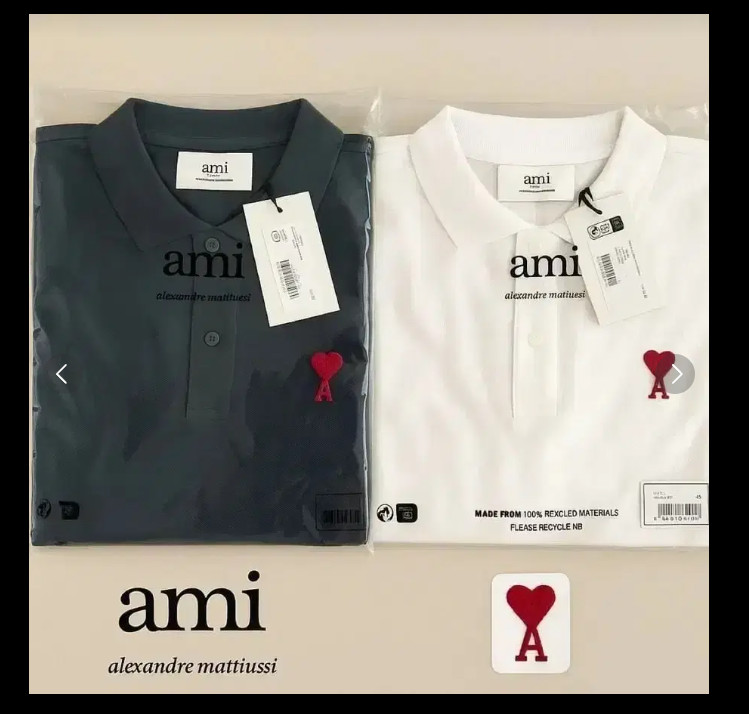AMI Paris Heart Logo Polo Shirt Black White Short Sleeve Tee