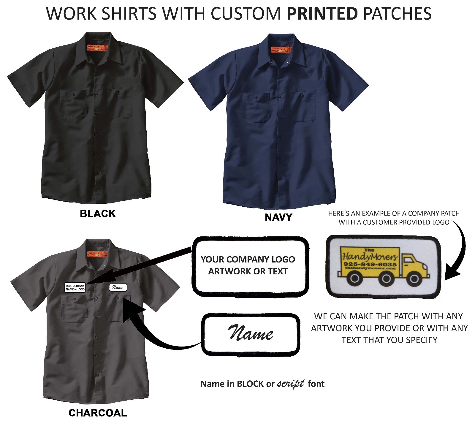 CUSTOM Work Shirt PRINTED Patch YOUR LOGO TEXT Personalized Short Sleeve Uniform