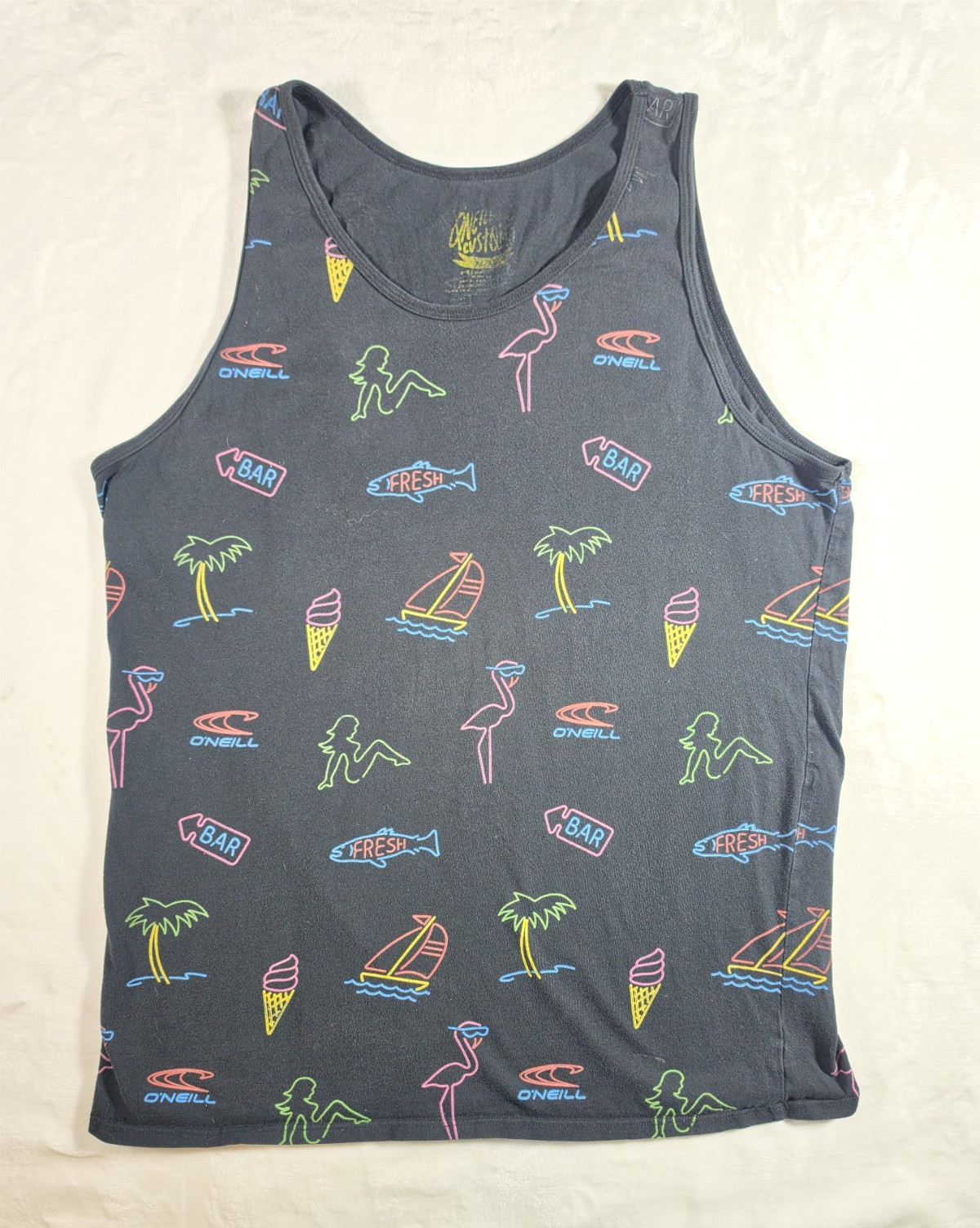 O’Neill Men’s XL Gray Multicolor Beach Graphic Print Logo Scoop Neck Tank Top