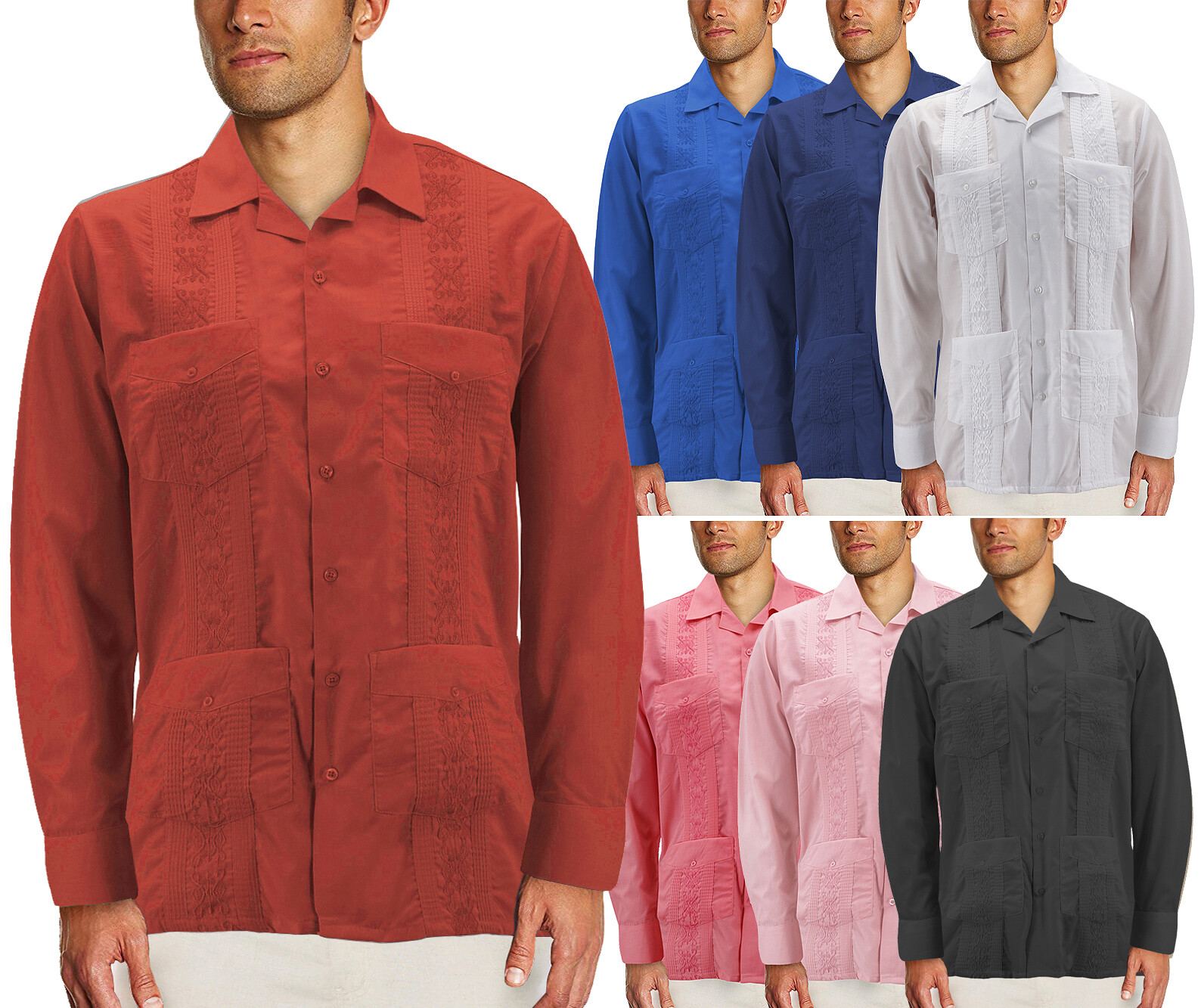 Men’s Guayabera Button Up Casual Cuban Embroidered Long Sleeve Cuban Dress Shirt