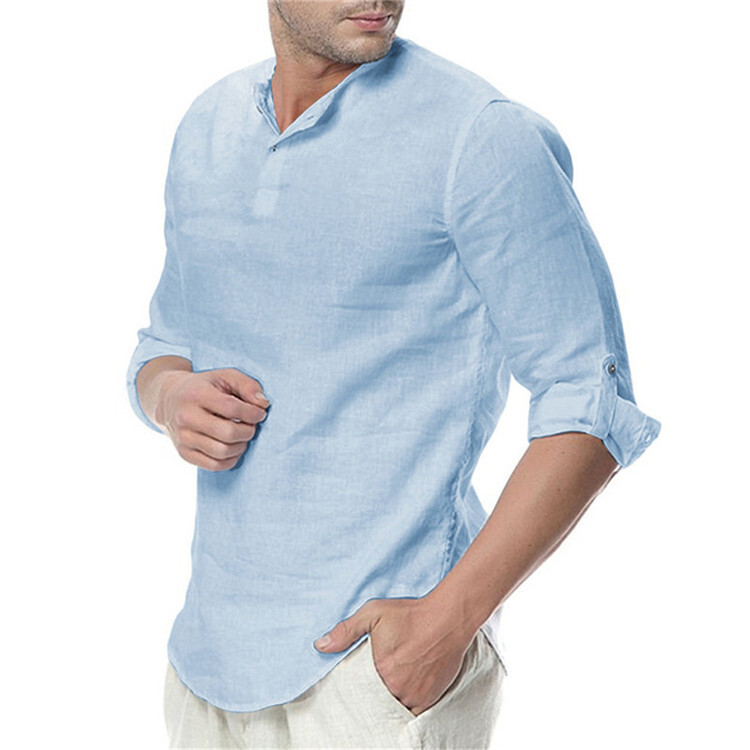 Solid Color Men’s Casual Loose Fitting Comfortable Standing Collar Shirt