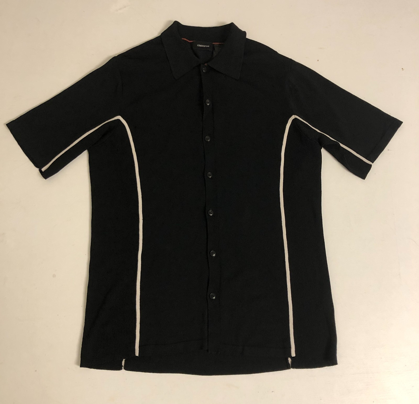 vtg mens Black Ribbed Knit Button Up Top Sz M Rayon Nylon Blend Hong Kong EUC
