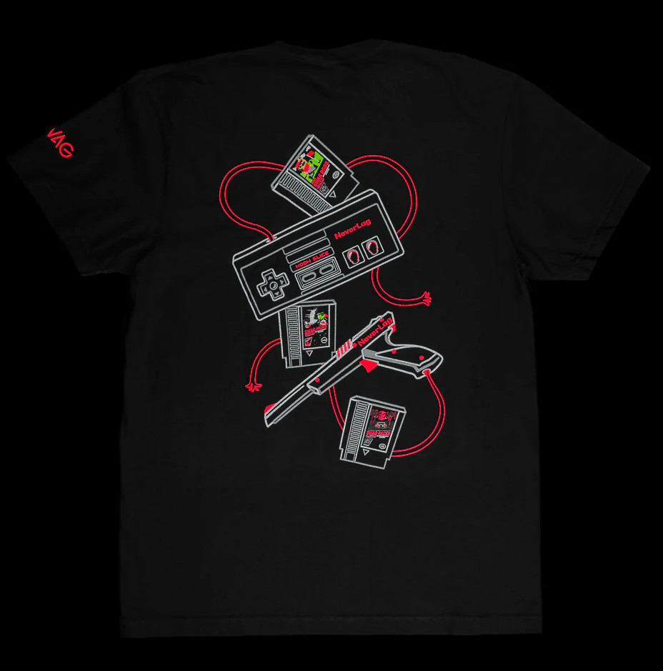 Supa Dupa RARE N.E.S. Swag Golf NEVERLAG CARTRIDGES & CONTROLLERS BLACK TEE Lrg