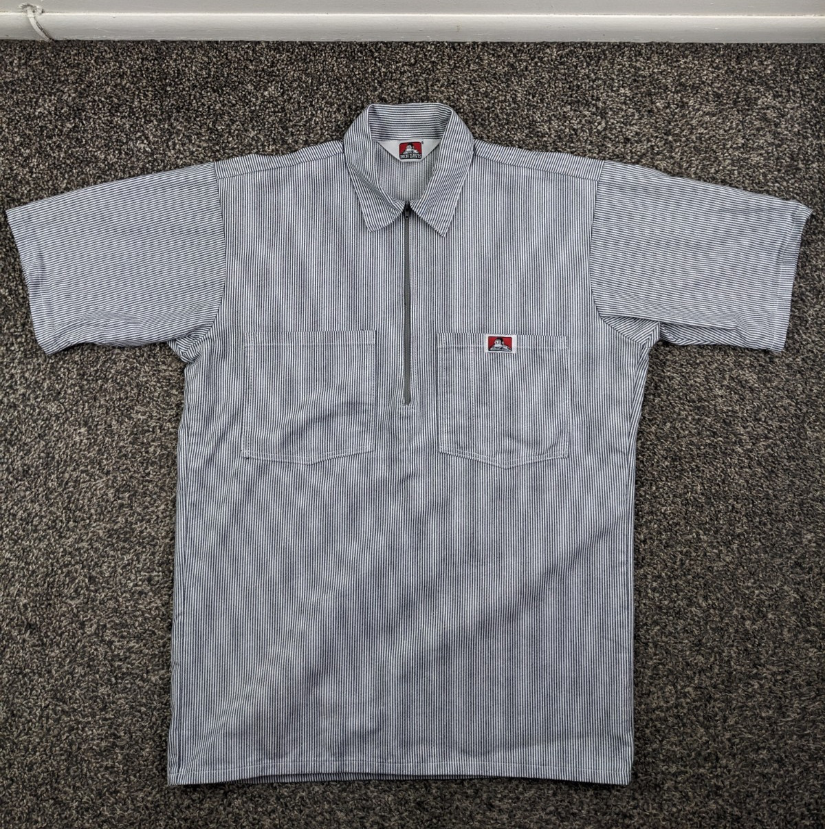 Vintage Ben Davis Shirt Mens Small Blue White 1/4 Zip Collared Work Made in USA