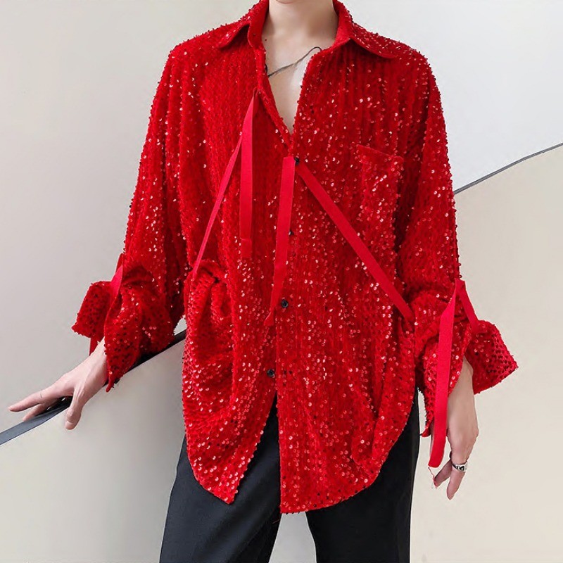 Men Sequined Velvet Button Shirt Long Sleeve Strap Glitter Nightclub Performance