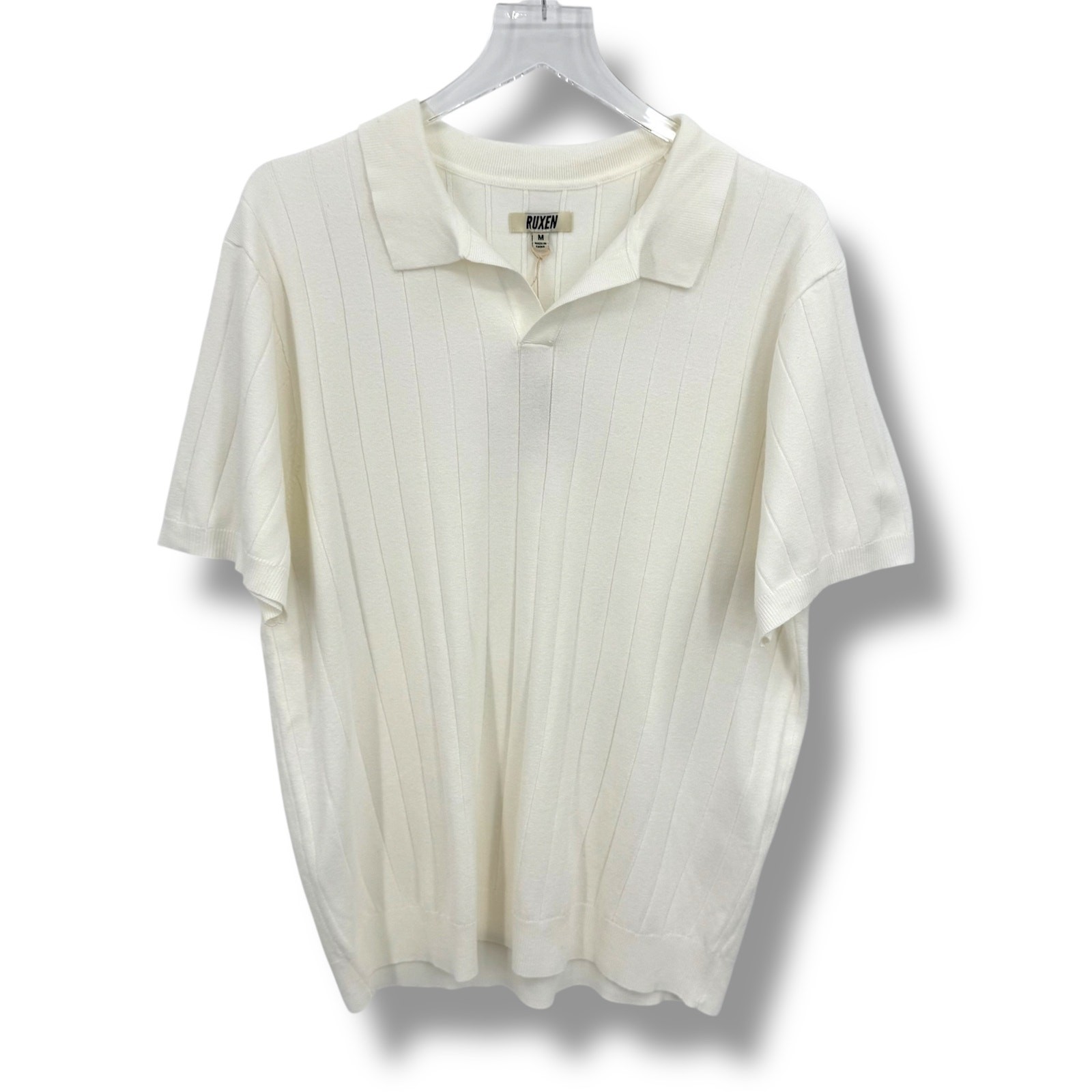 Ruxen sweater men’s M polo rib knit shirt short sleeve collar pullover white NEW