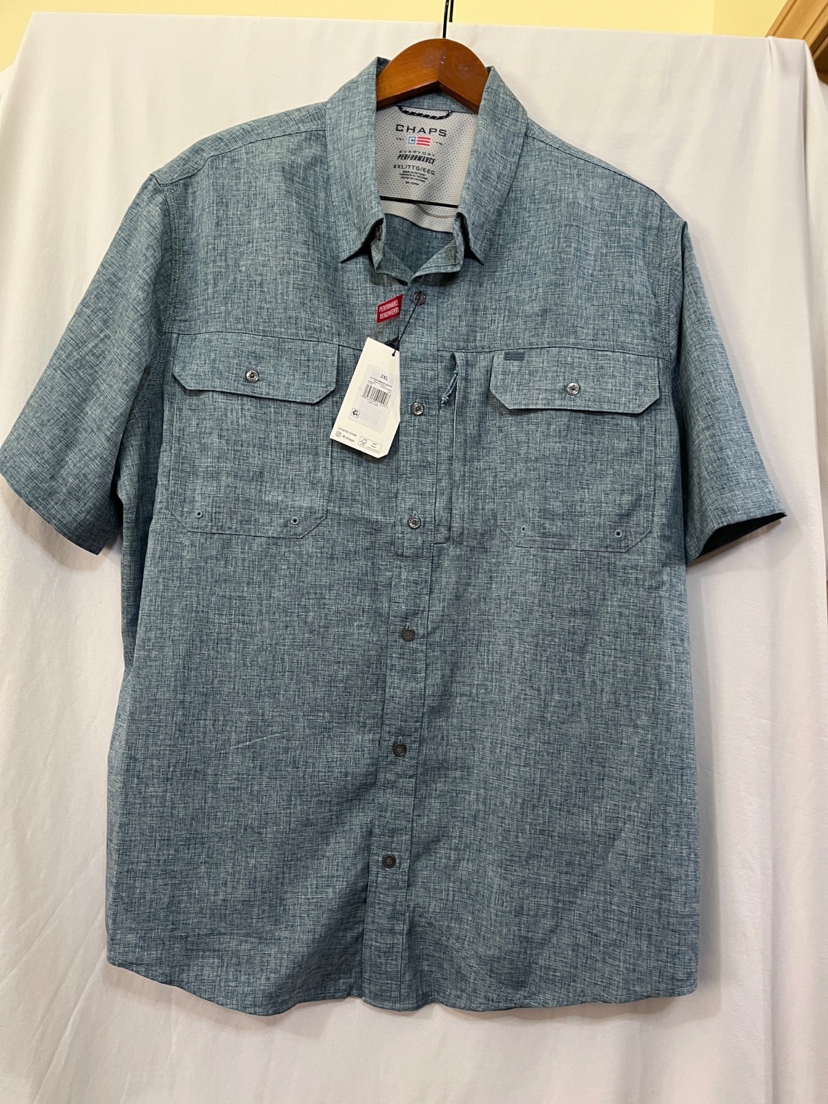 CHAPS Everyday Performance Mens Size L Short Sleeve Button Up Denim Blue New
