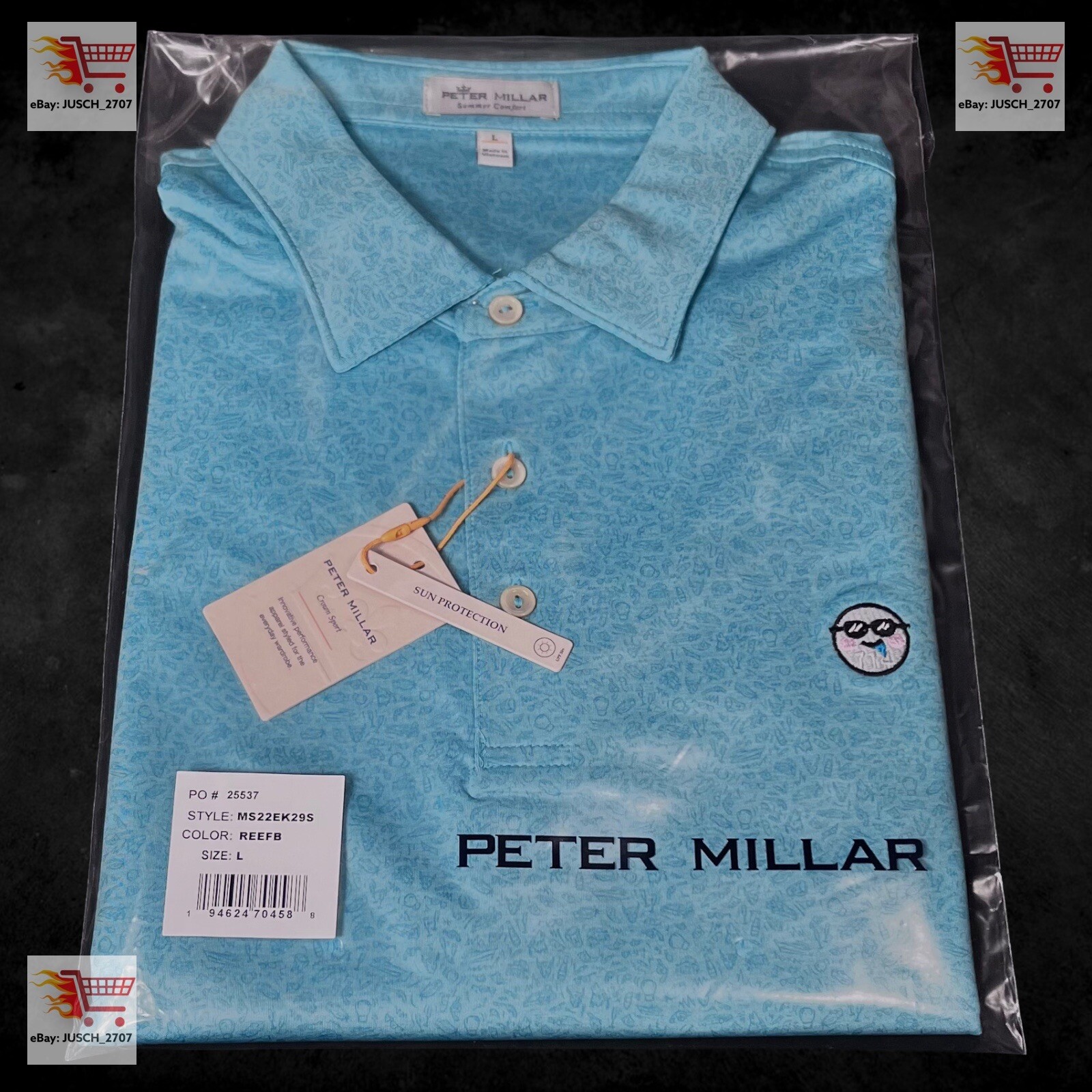 PETER MILLAR Wolf of SWAG Street Cinema Yacht Golf Polo ⛳️ L LARGE ⛳️ Teal Blue