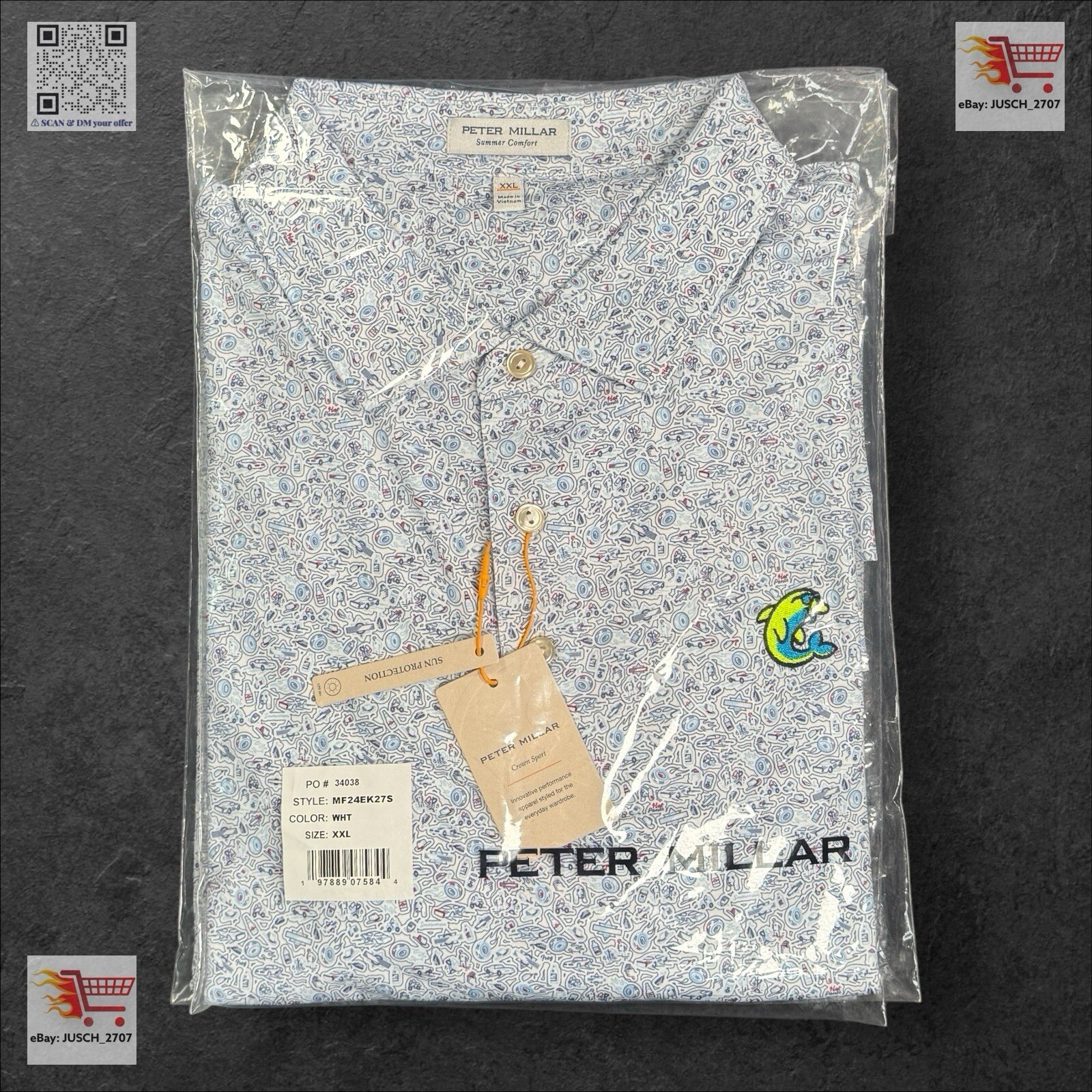 SWAG PETER MILLAR Golf Polo Smokey And Bandit ⛳️ 2XL XXL ⛳️ Neon Dolphin Flipper
