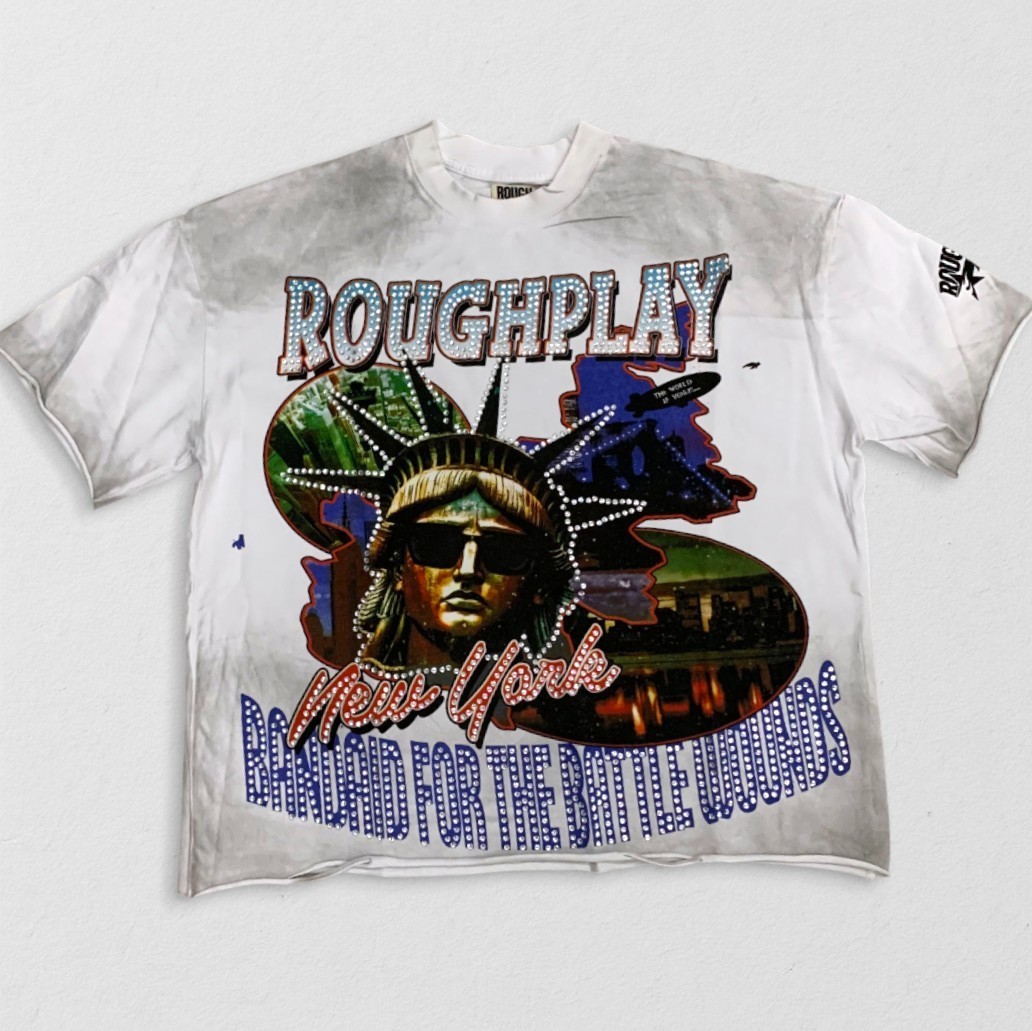 NEW Men’s RoughPlay “New York” White Rhinestone High-Quality Cottton Tee S-XL