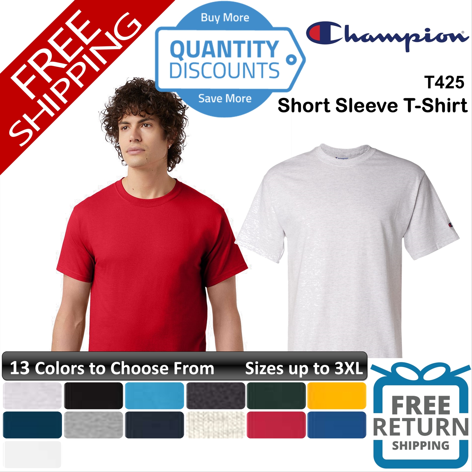 🔥 Champion Men Short Sleeve Cotton Jersey New Crewneck T-shirt Up To 3XL T425