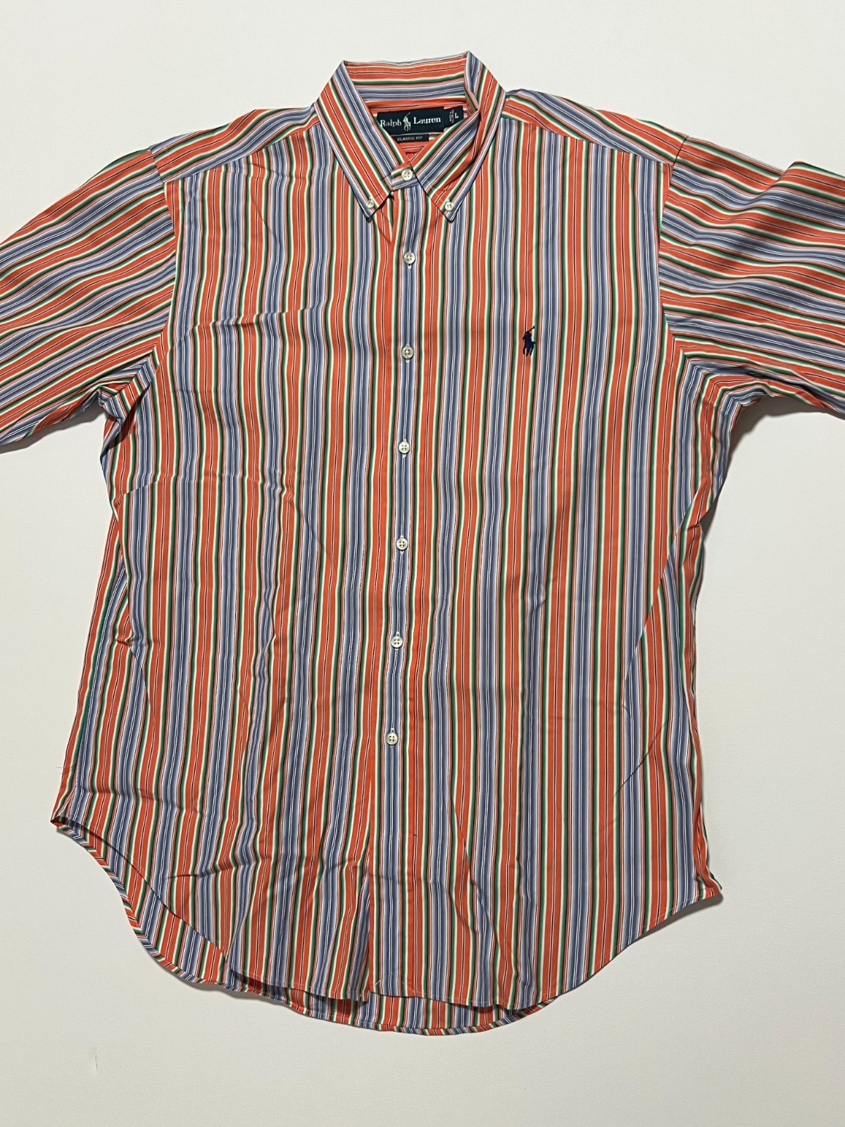 Ralph Lauren Shirt Classic Fit Preppy Striped Orange Blue Men’s size Large