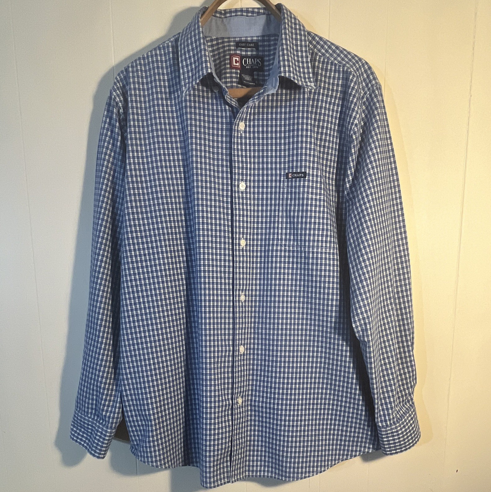 Chaps Men’s Easy Care Blue/White Check Long Sleeve Button-Down Shirt XL