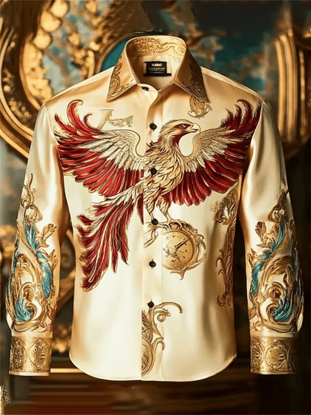 Men’s Luxury Baroque Lion 3D Print Long Sleeve Button Up Shirt Floral Casual Top