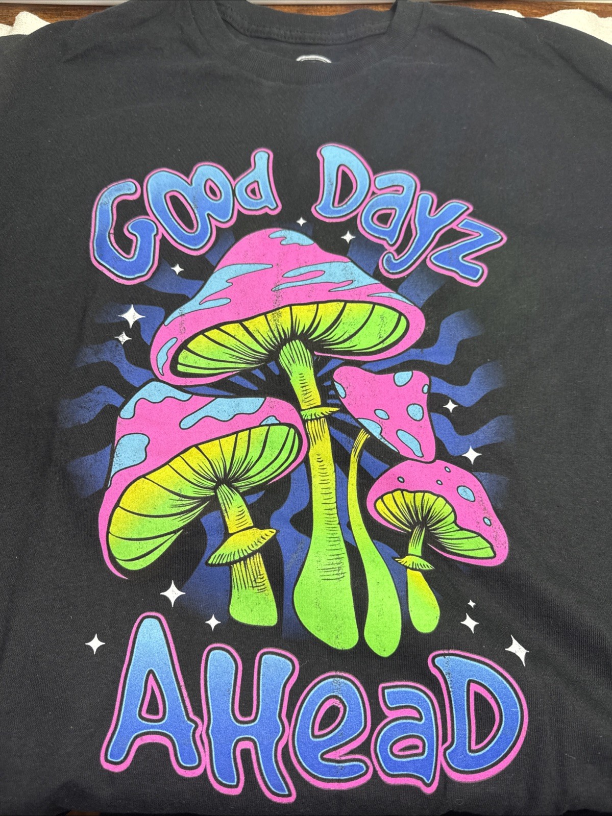 Magic Mushroom Have A Magical Day Cotton Black Tee Shirt DOM Size Medium