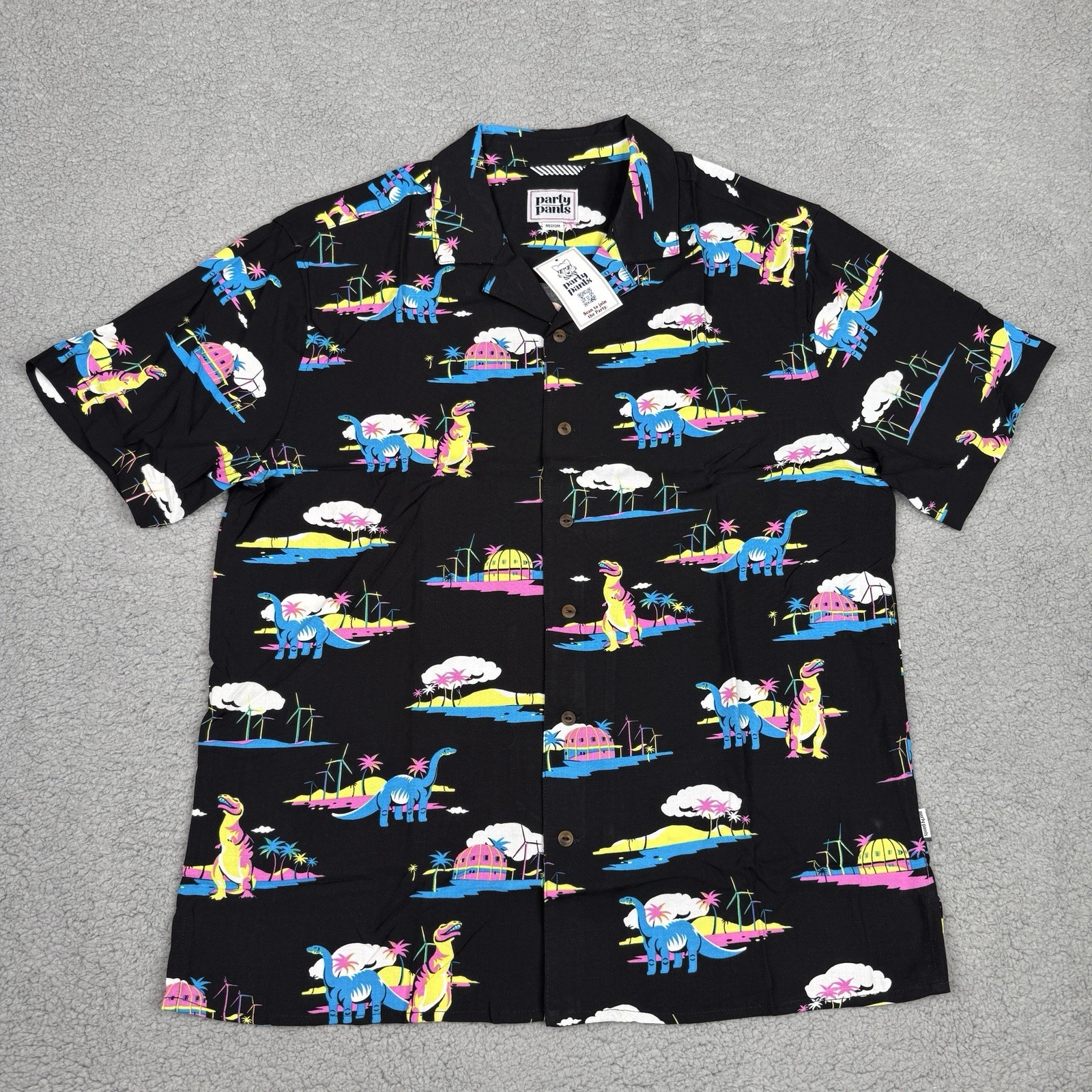 Party Pants Coachella Shirt Mens Medium Black Neon Dinosaur Print Button Up NWT