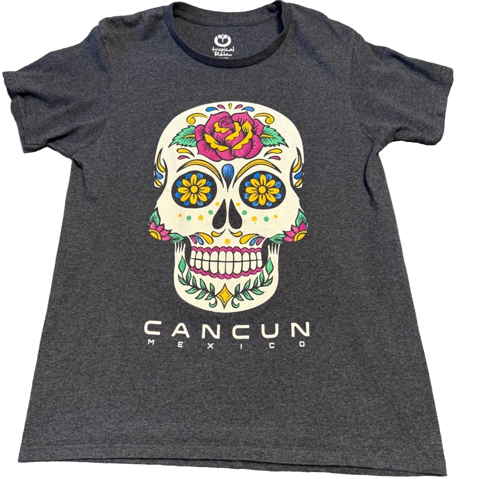 Tropical Relax Cancun Mexico Sugar Skull Graphic T-Shirt Mens Medium Gray Cotton