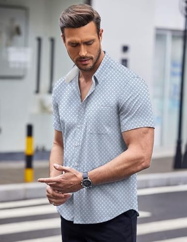 Men’s Polka Dots Button Down Shirt Short Sleeve Turn-Down Collar Blue Combo