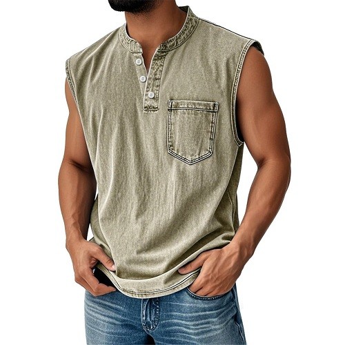 Men Sleeveless Beach Shirts Hawaiian Summer Shirt Button Vest Henley Tank Tops