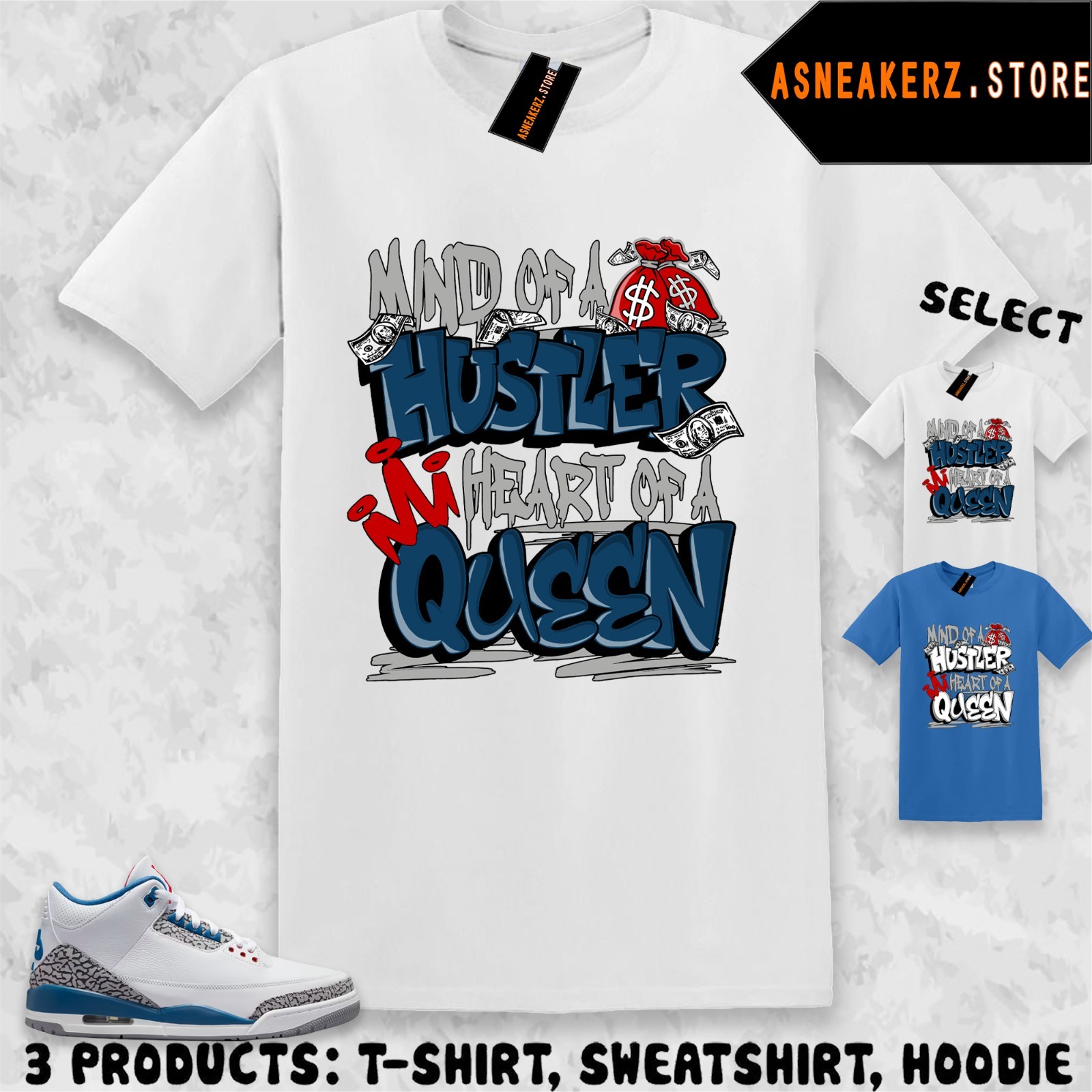 Hustler Queen Tee Shirt Matching T-Shirt To Match Sneaker AJ 3 OG True Blue 2026