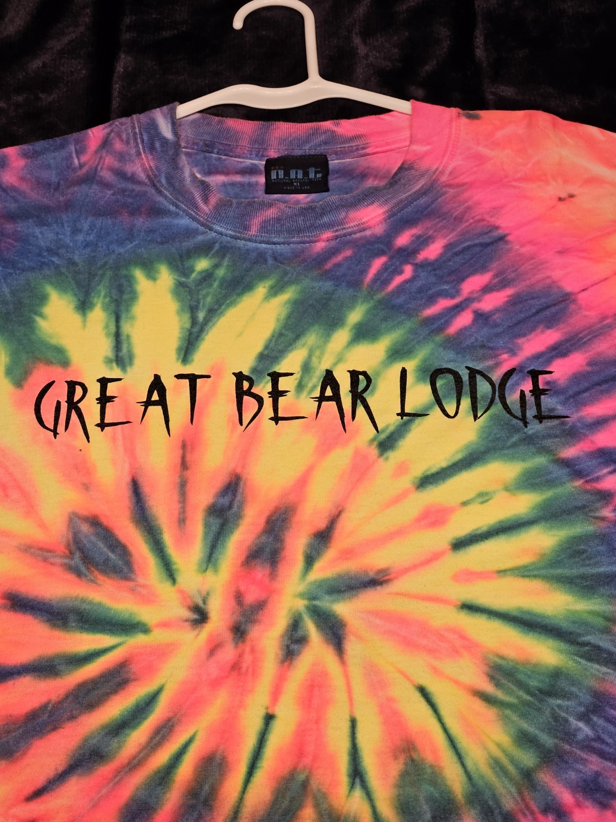 VTG Great Bear Lodge Tie Dye T-Shirt XL N.A.T. National Apparel Tees USA 22×31.5
