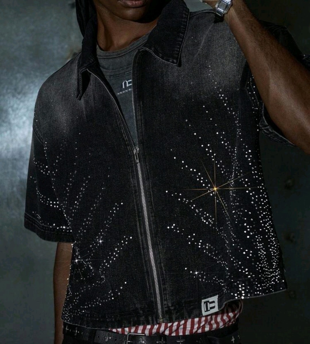 New Luxury Men Diamond Rhinestones Denim Black Zip Shirt Jacket High Quality