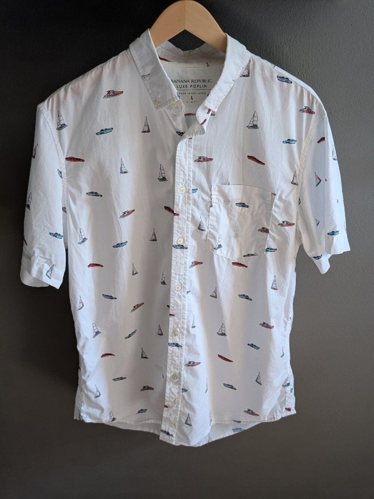 Banana Republic Luxe Poplin Boat Print Shirt Mens Large L Slim Fit Nautical