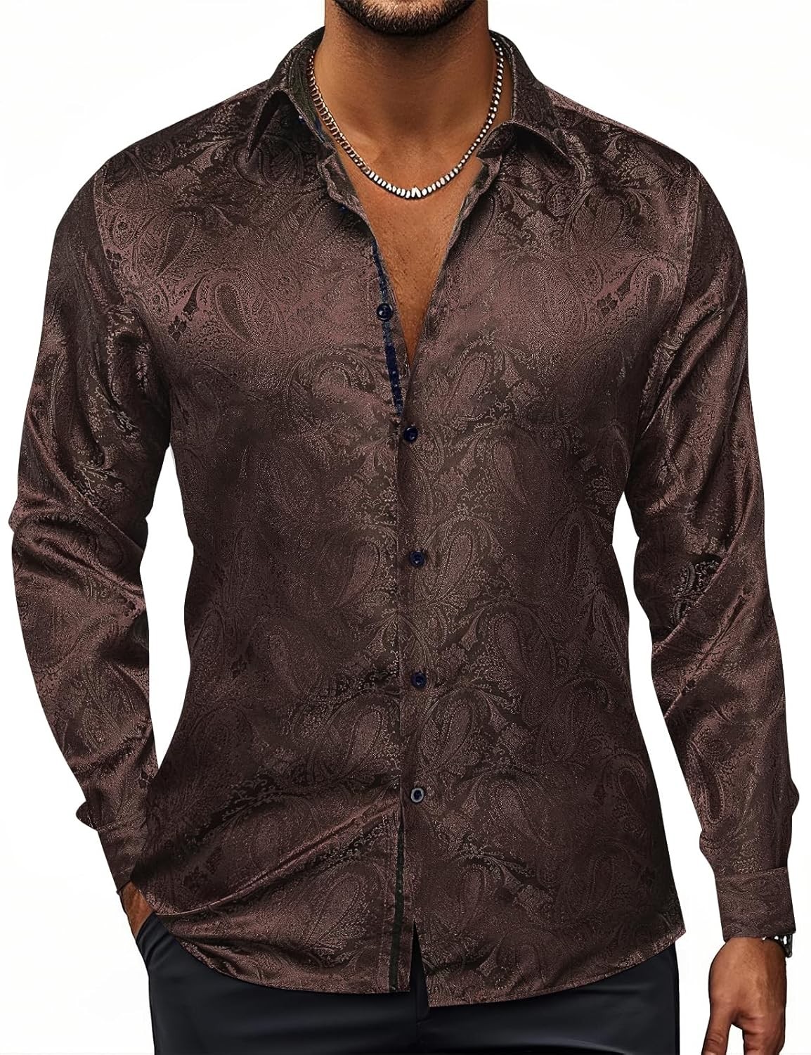 Silk Mens Paisley Dress Shirts Casual Long Sleeve Button Down Regular Fit Shirts