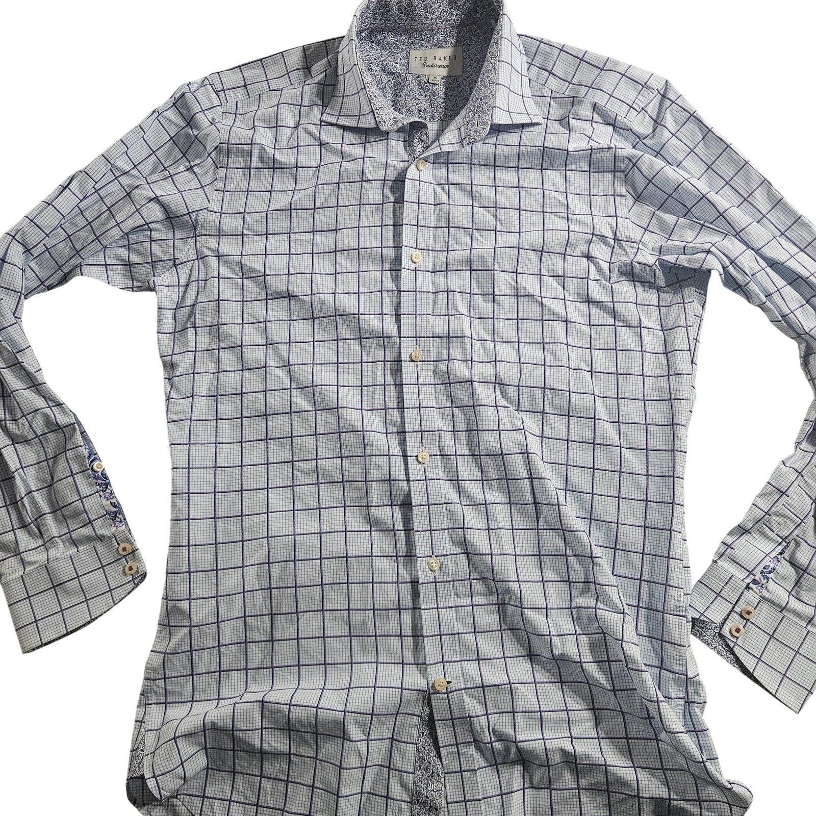 Ted Baker Endurance Shirt Mens 15 32/33 White Blue Check Button Up Long Sleeve
