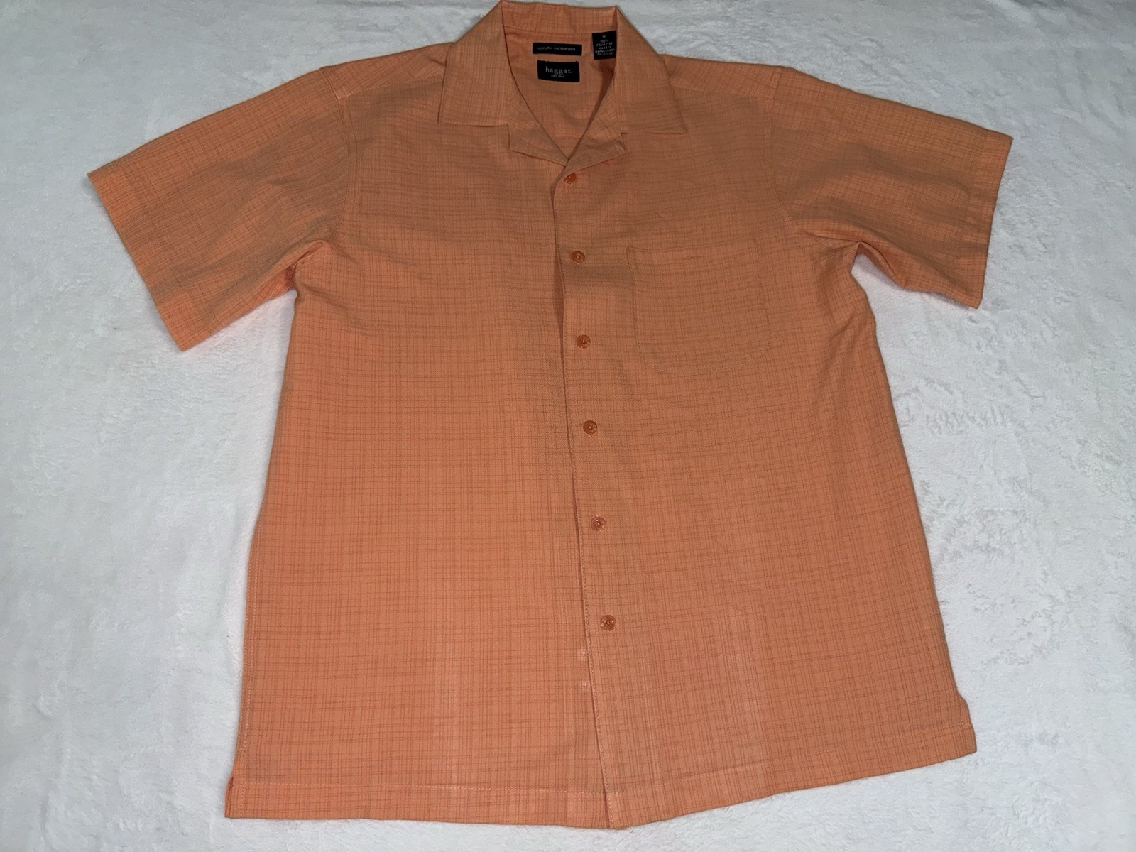 Haggar Luxury Microfiber Camp Shirt Men’s Medium Peach Coral Short Sleeve