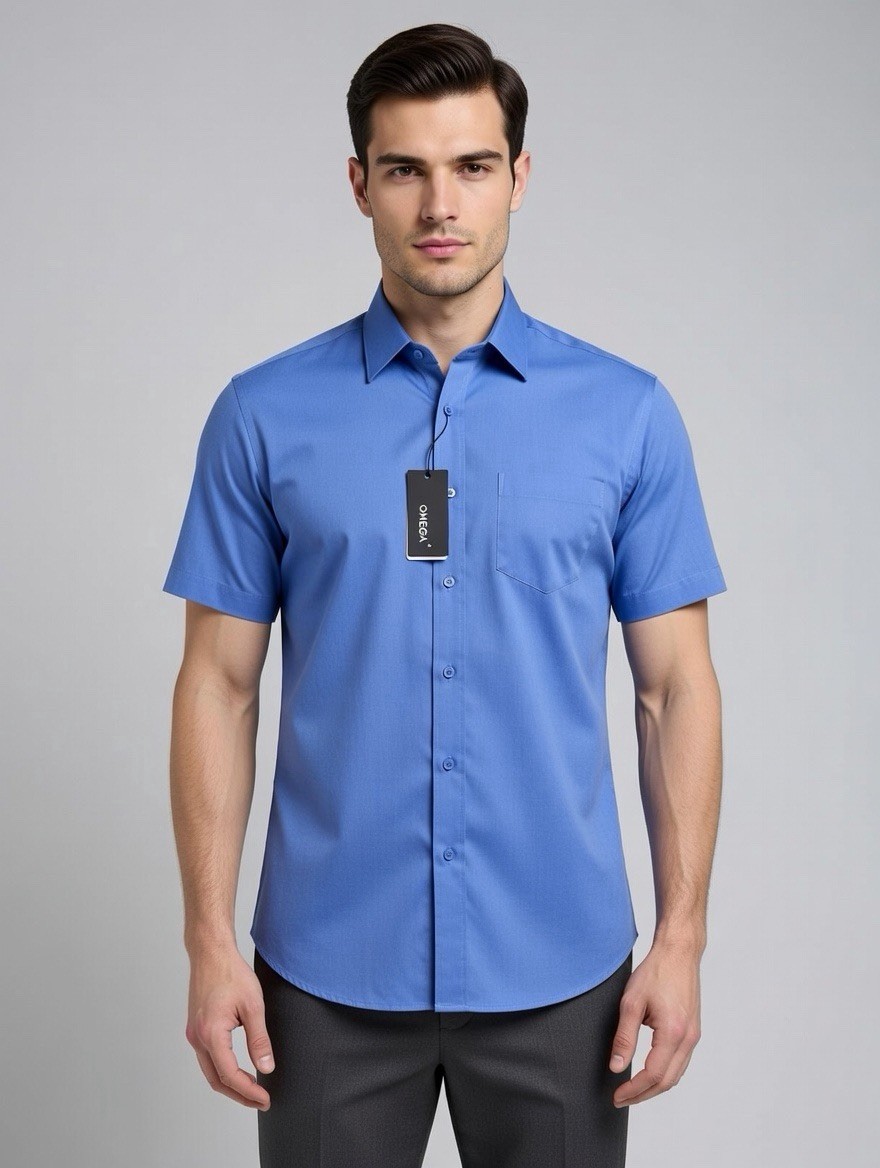 Men’s Dress Shirt Button Down OMEGA Italy Designer Short Sleeve XL Blue