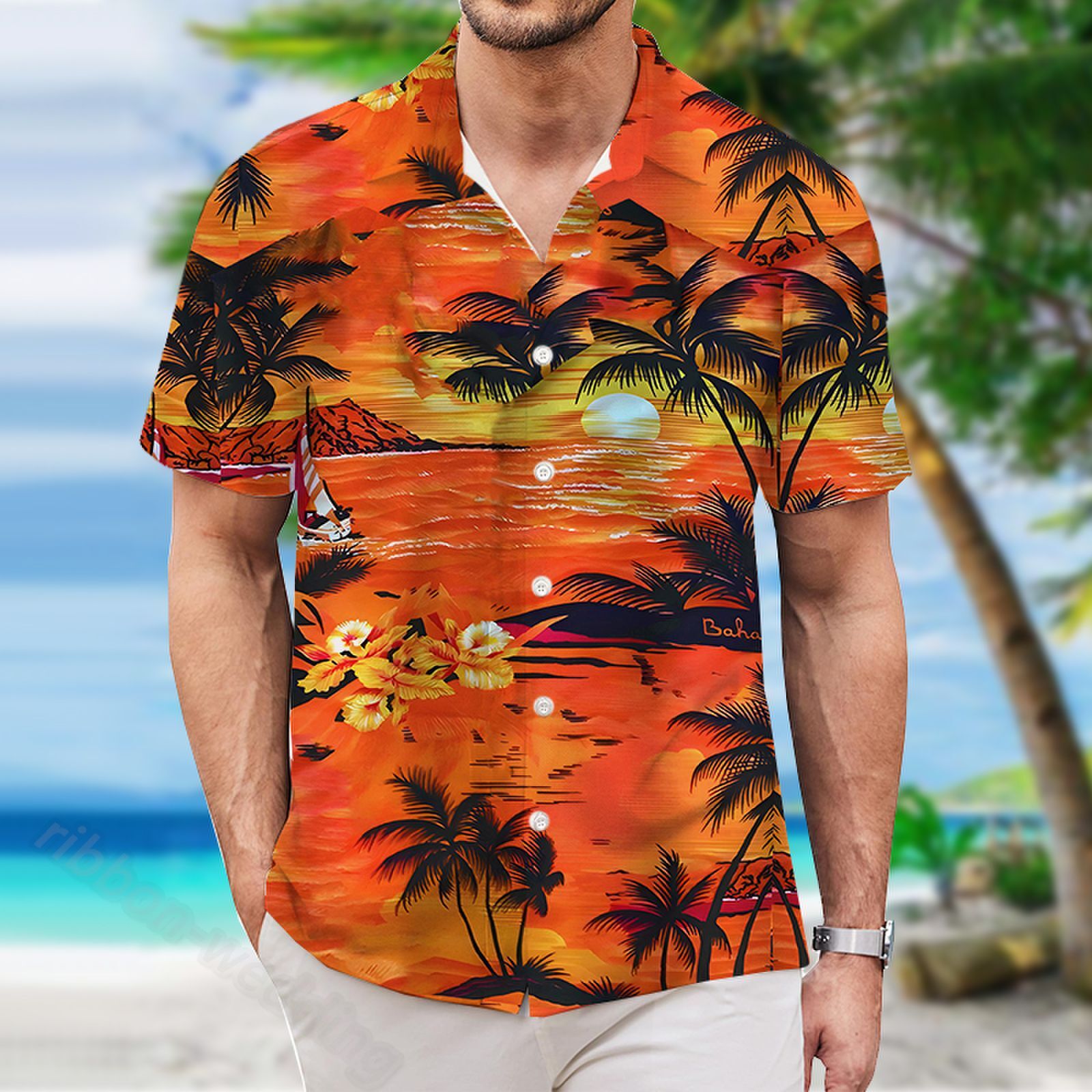 Men Hawaiian Shirt Beach Casual Short Sleeve Button Down Aloha Tee Holiday Party