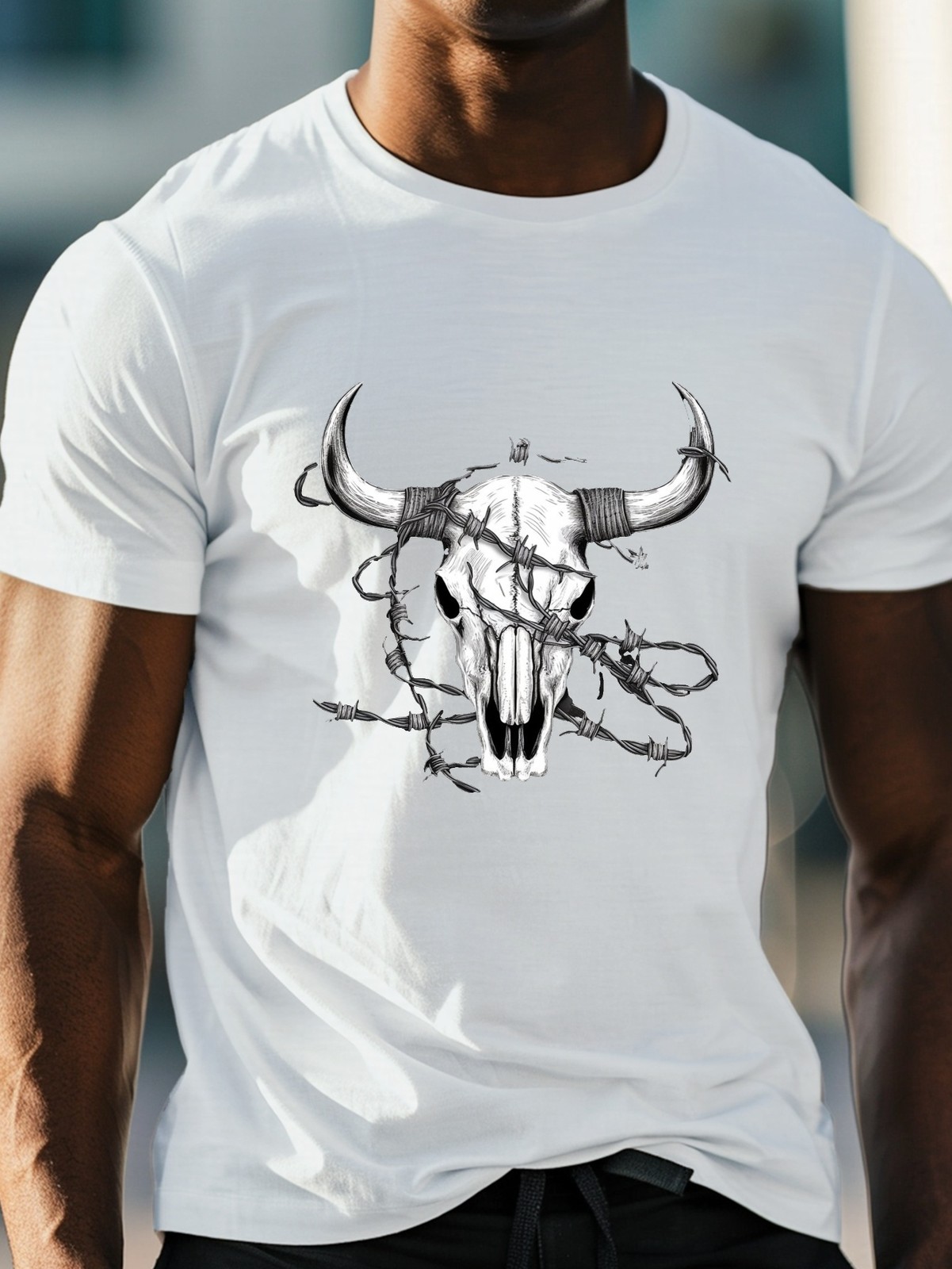 Men’s Bull Skull Graphic TShirt Casual Crew Neck Tee