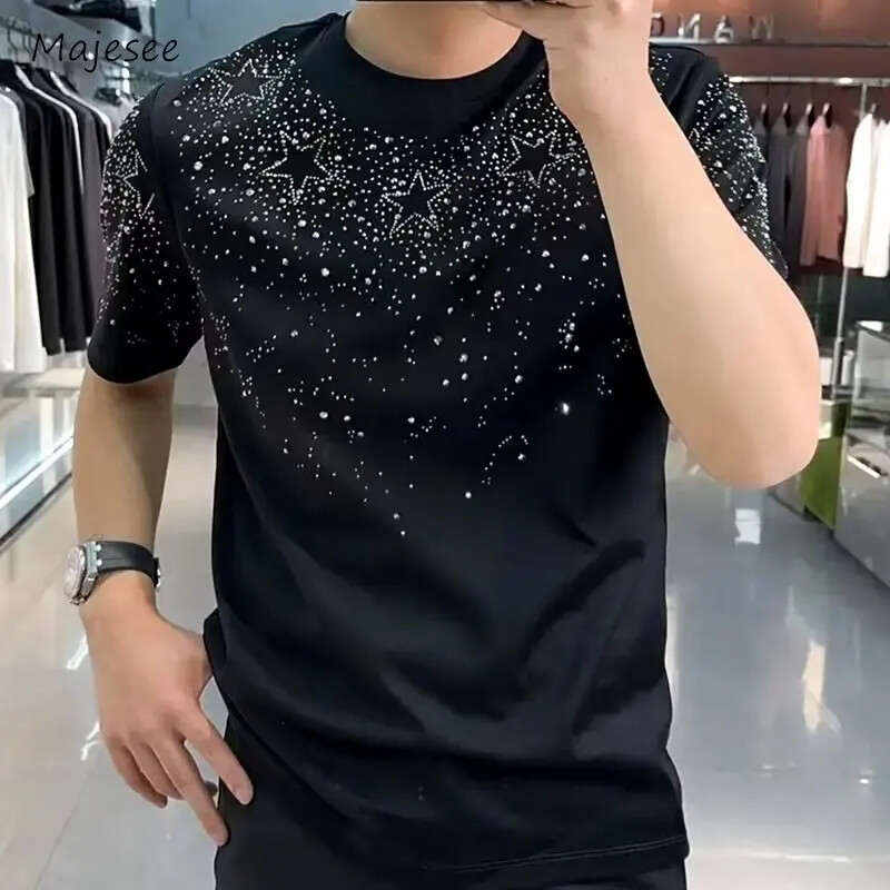 New Men Luxury Diamond Star Rhinestones Fashion Black White T-Shirt High Quality