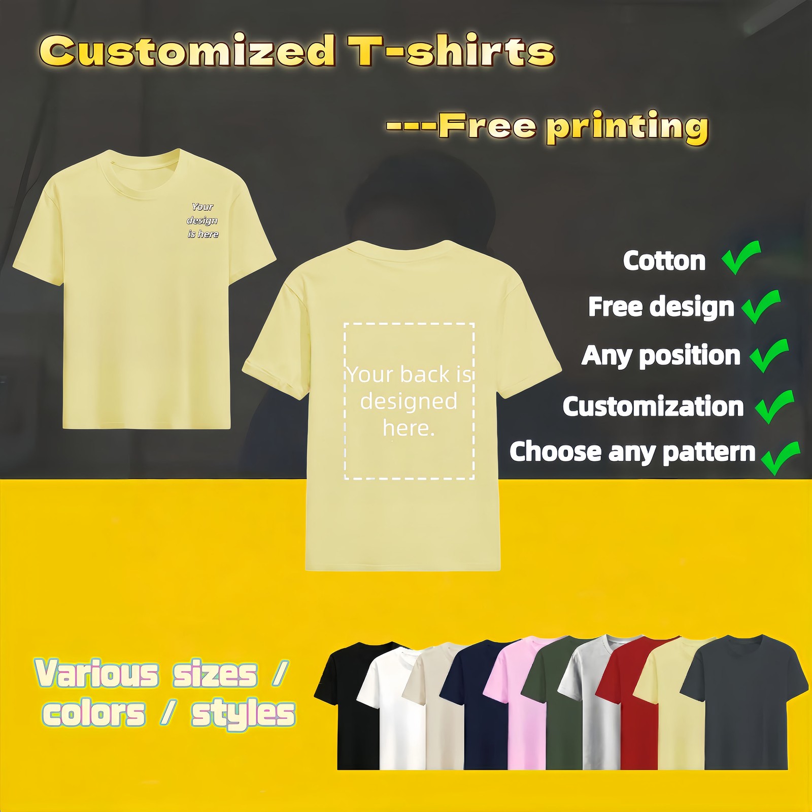 Personalized T-shirts, customizable with your text,photos or logo made of cotton