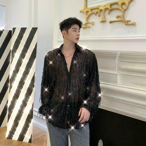 New Men Long Sleeve Shirt Youth Loose tie Party Tassel Glitter Sequins Shirts H