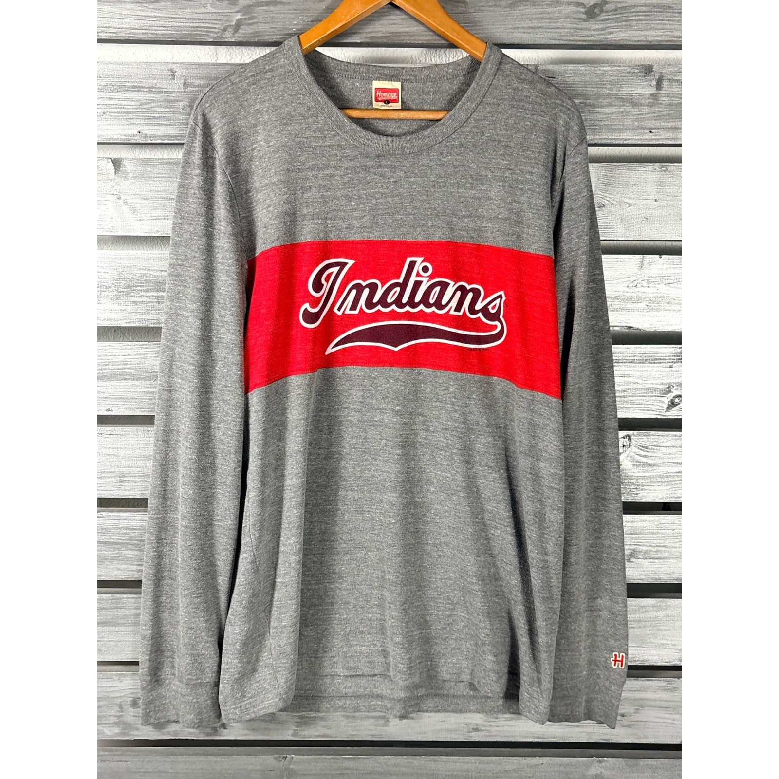 Homage Cleveland Indians Long Sleeve Shirt Mens Large Grey Red Stripe Tri-Blend