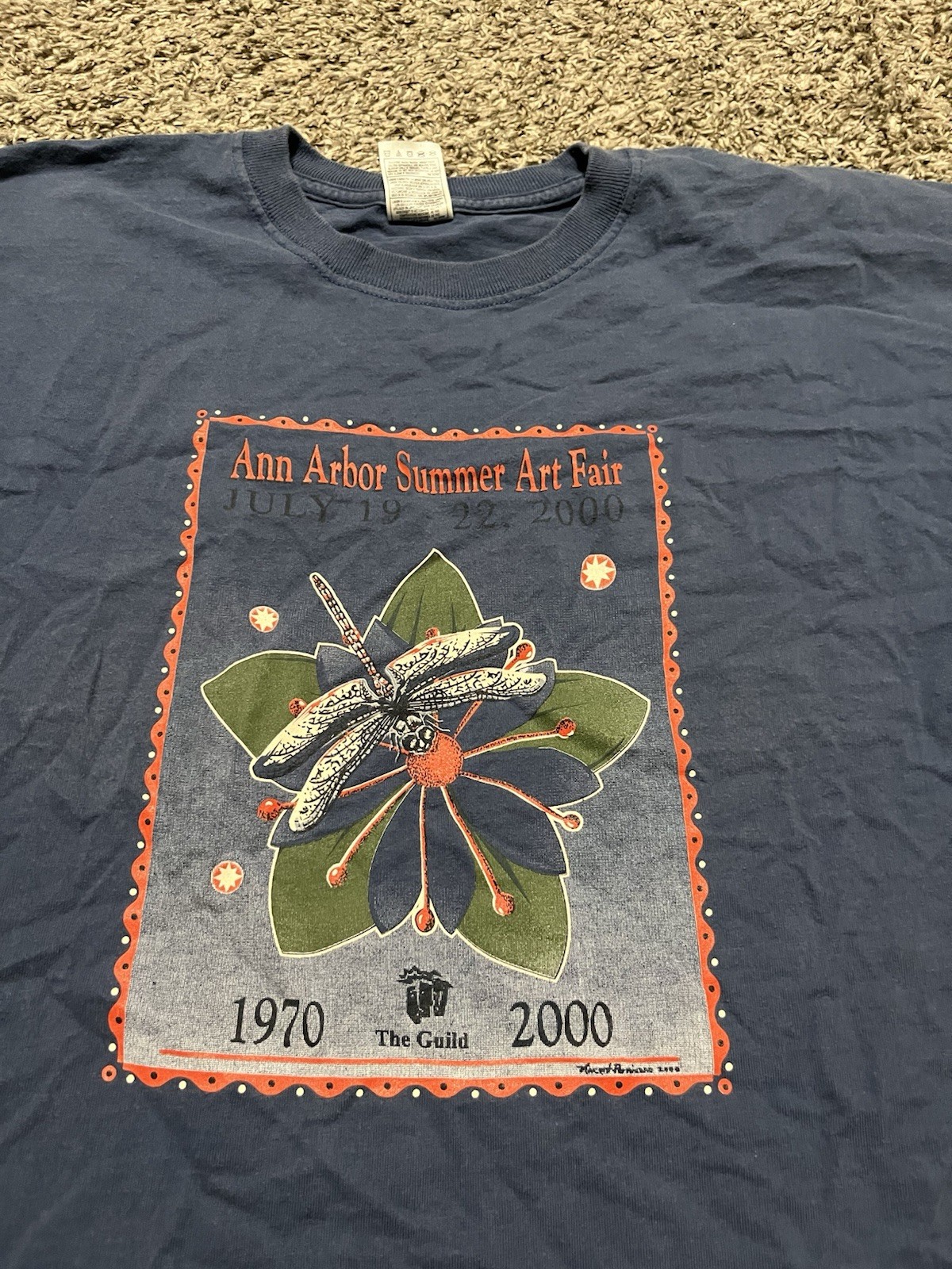 Vintage 2000 Y2K Ann Arbor Summer Art Fair Dragonfly Blue T Shirt Size 2XL Rare