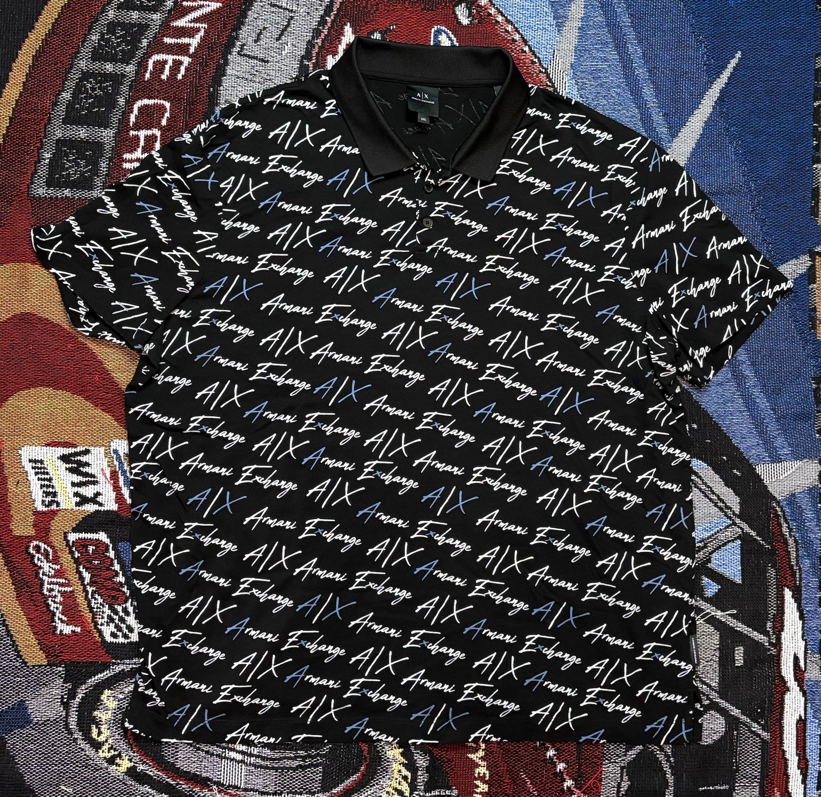 Armani Exchange Polo Shirt All Over Print Script AOP Mens 2XL Black White