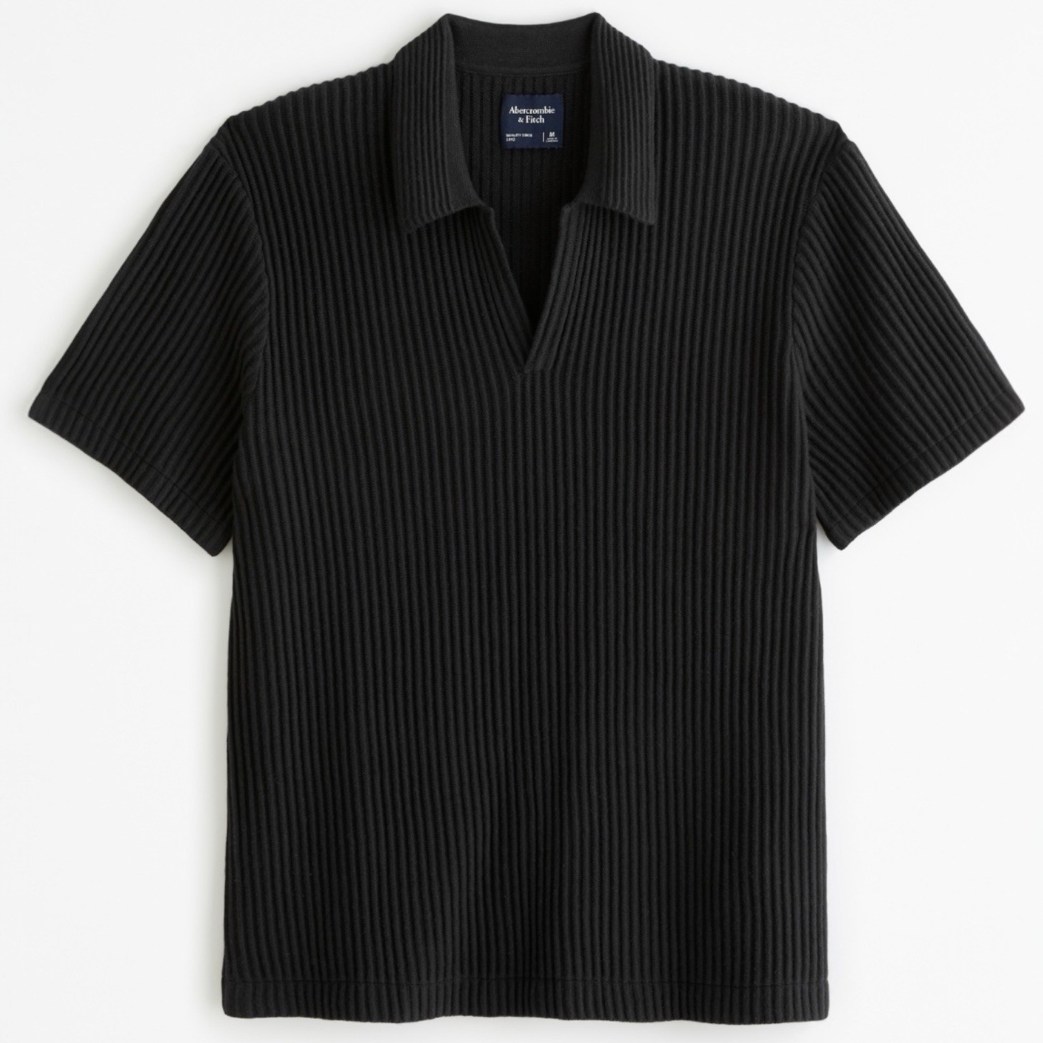 Abercrombie & Fitch Plisse Johnny Collar Sweater Polo L Black Textured Rib Knit